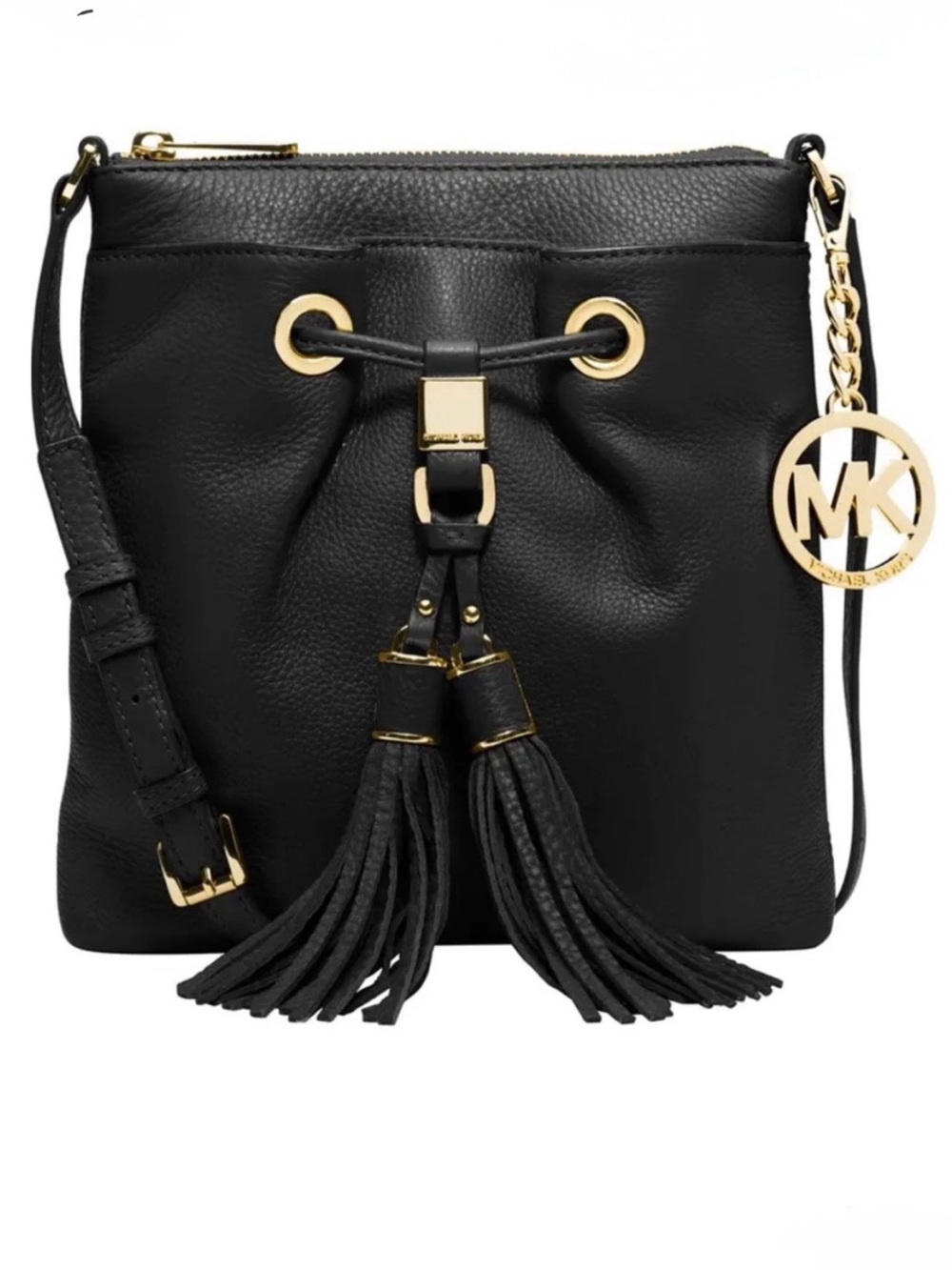 Michael Kors Camden Drawstring Crossbody Bag Black Pebbled Leather Gold Charm